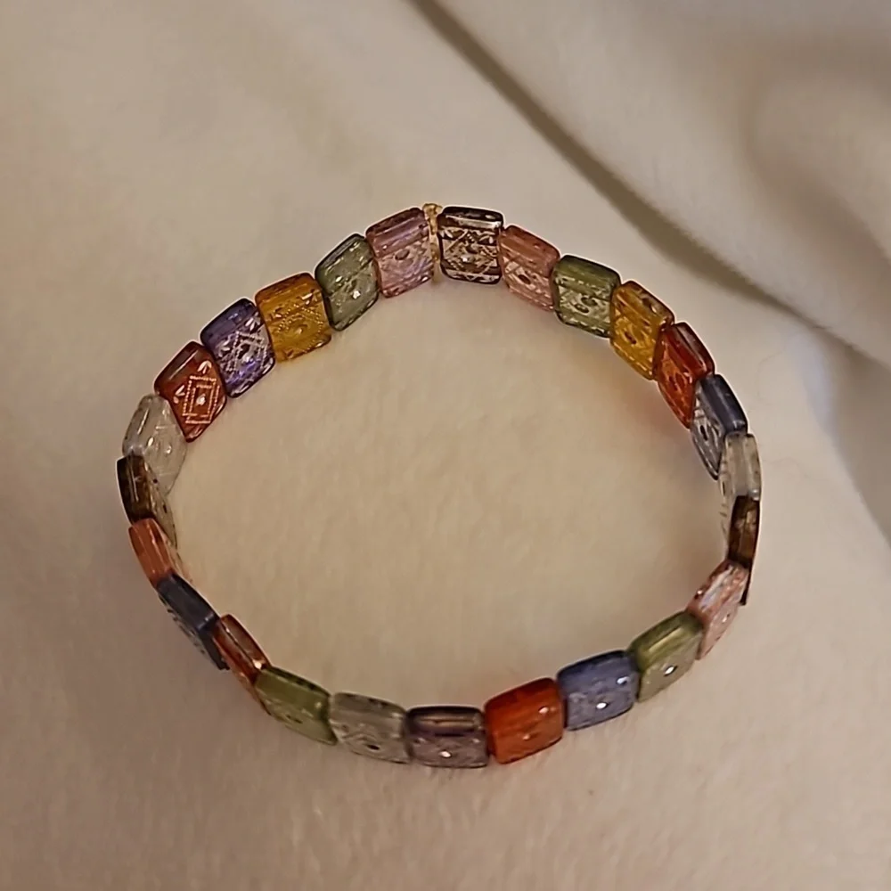 Vintage Ethnic Boho Rainbow Tile Acrylic Stretch Bracelet